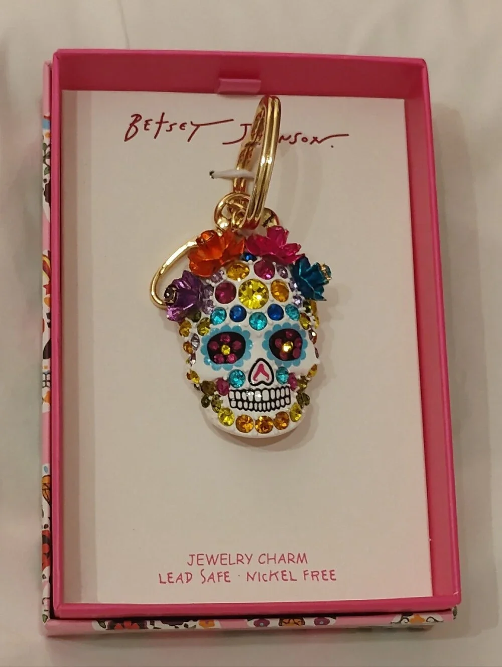 Betsey Johnson White Multicolor Crystal Sugar Skull Keychain